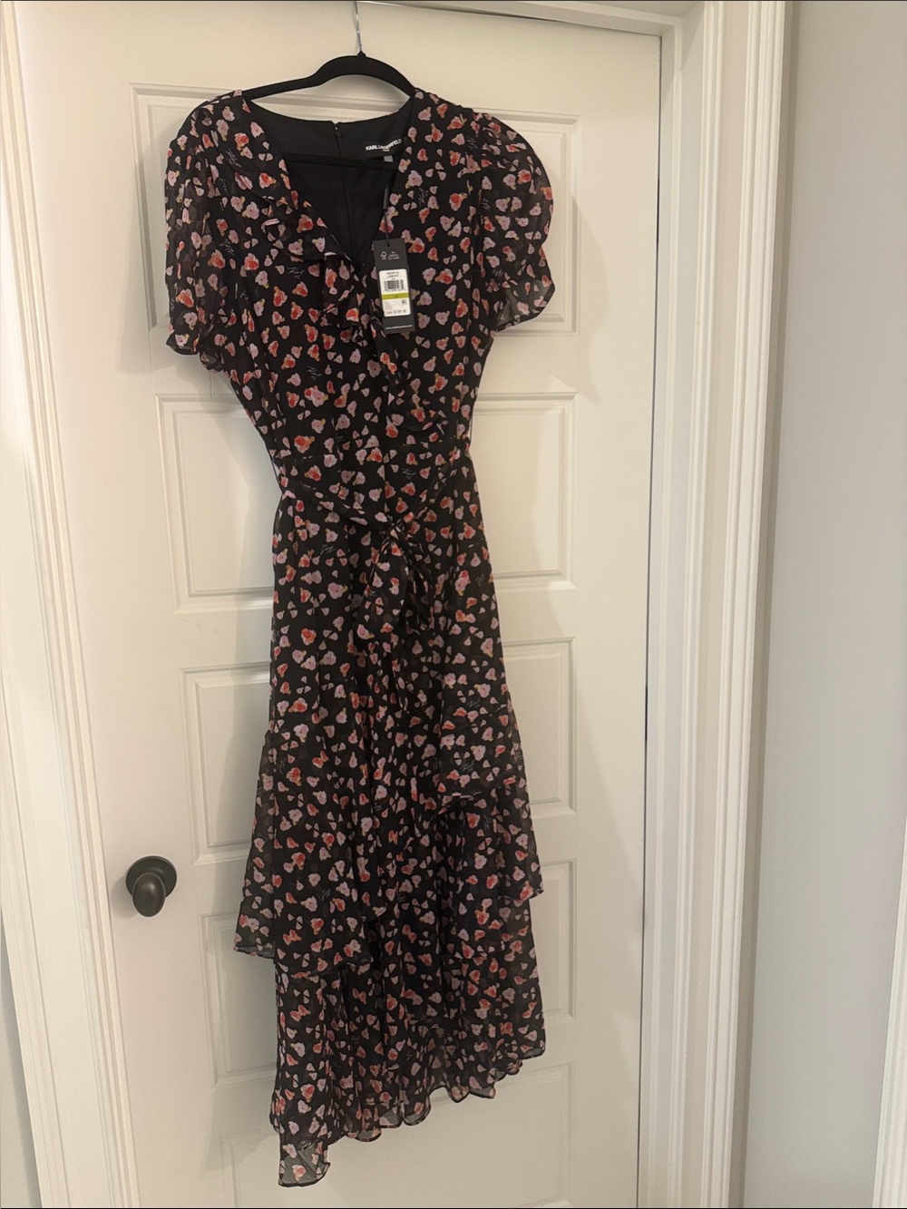 NWT Karl Lagerfeld Black Midi Dress with Pink and Red Flower Print